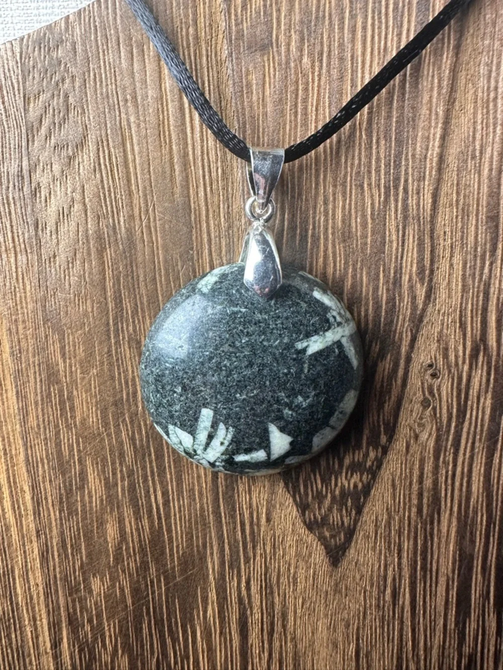 Round Chinese Writing Stone Pendant Necklace on Black Rope, Sterling Silver
